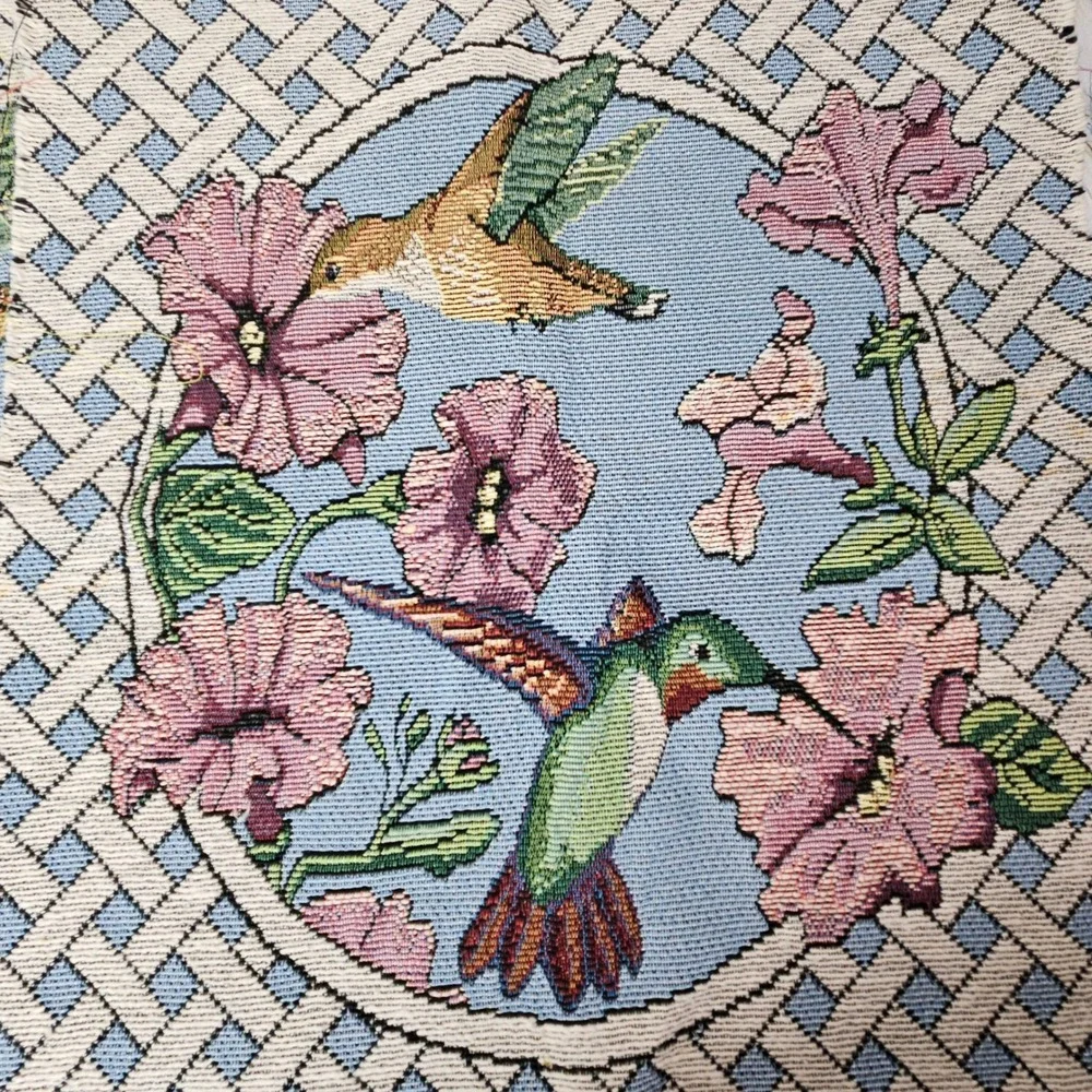 Vintage 90s Hummingbird Floral‎ Tapestry Woven Textile Panel Cottagecore Decor